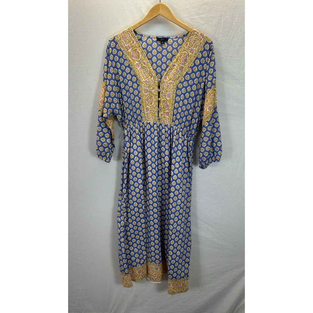J.Crew Maxi Dress Sz S Blue Balloon Sleeve India Boho batik Gold Open Button